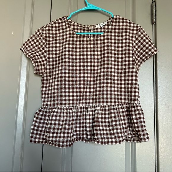 Madewell XS Medford Top in Textured Gingham Brown and White with Peplum Top - Picture 1 of 4